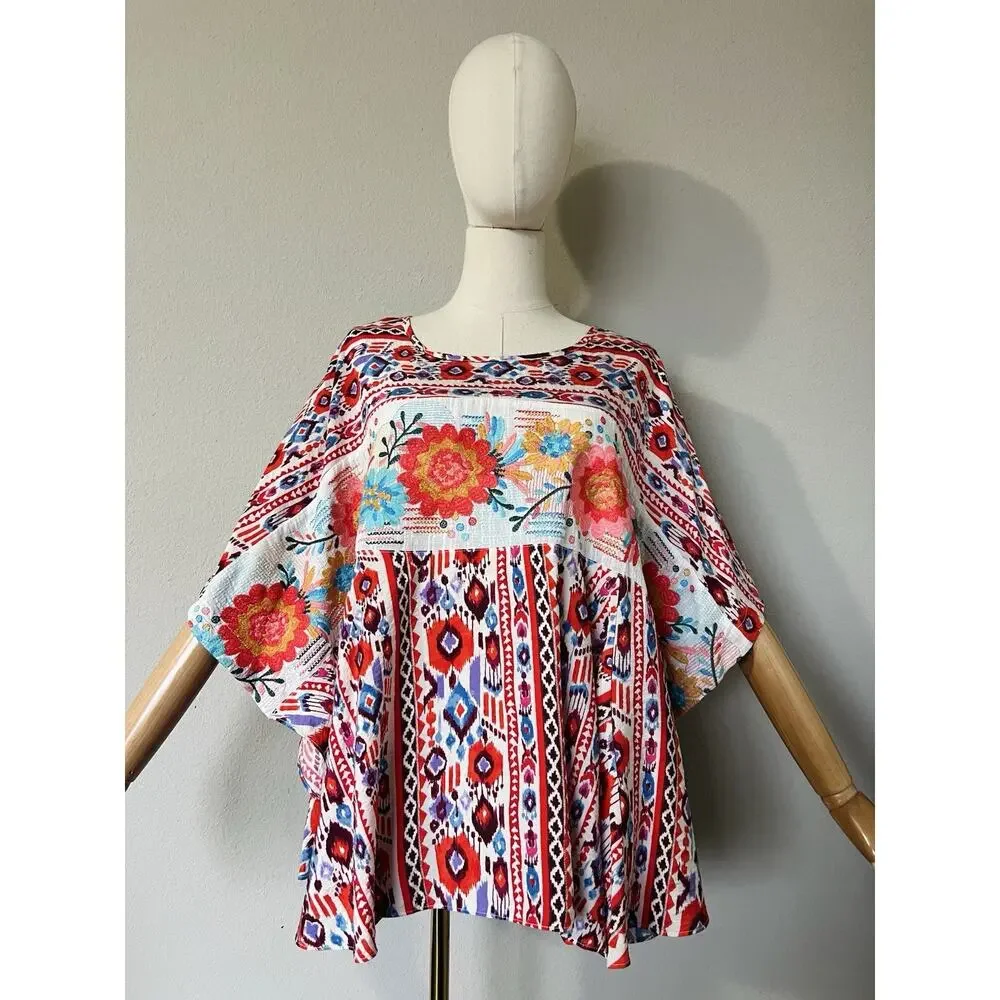 SAVANNA JANE Women's Floral Embroidered Poncho Tunic Top Red Blue Size M/L - Picture 5 of 16